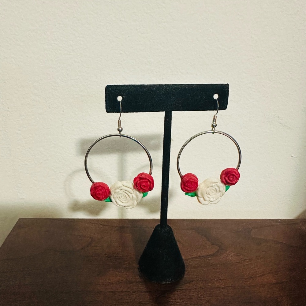 Floral Hoop Earrings with Red and White Roses